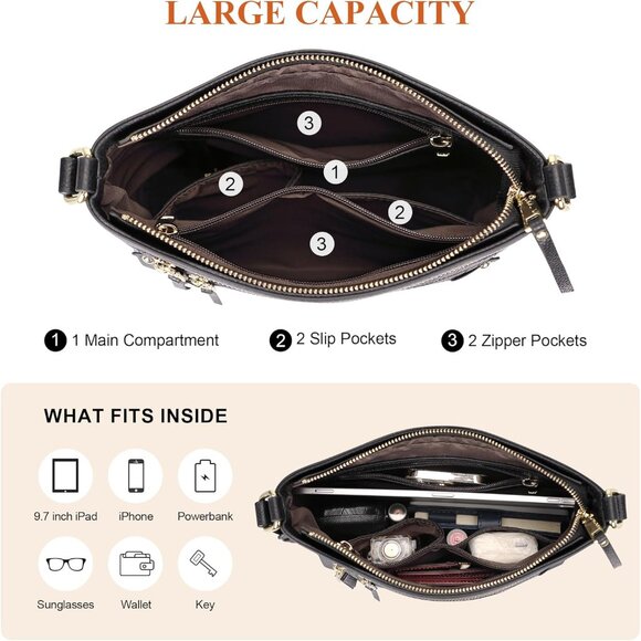 Stylish Black Crossbody Purse for Women - Multiple Pockets & Adjustable Strap - Picture 6 of 7
